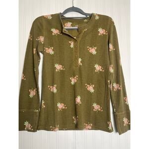 Aerie Floral Babydoll Thermal Waffle Knit Henley T-Shirt Womens Olive Size M Y2K